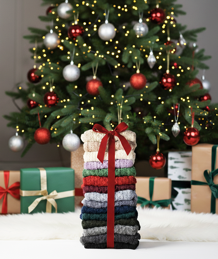A stack of colorful knitted Aran sweaters tied with a red ribbon is placed in front of a Christmas tree decorated with silver and red ornaments, surrounded by wrapped gifts.