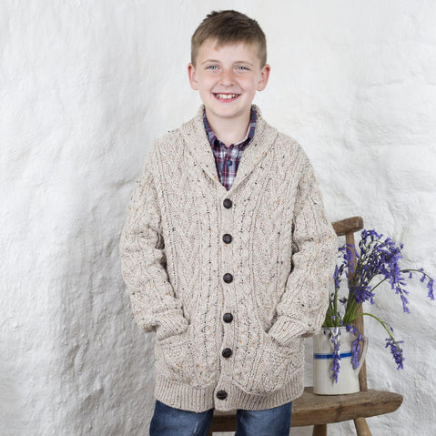 Boys Aran Shawl Collar Button Cardigan