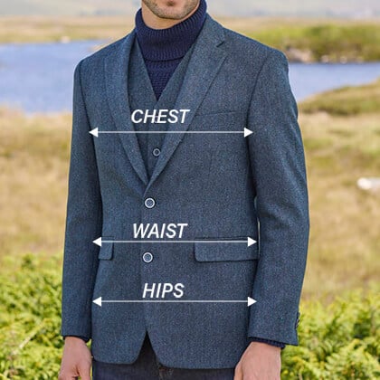 A man stands outdoors near water, wearing a tailored blue blazer over a navy turtleneck. Annotations point to his chest, waist, and hips, indicating key measurement areas for fitting. The background features grass and hills under a clear sky.