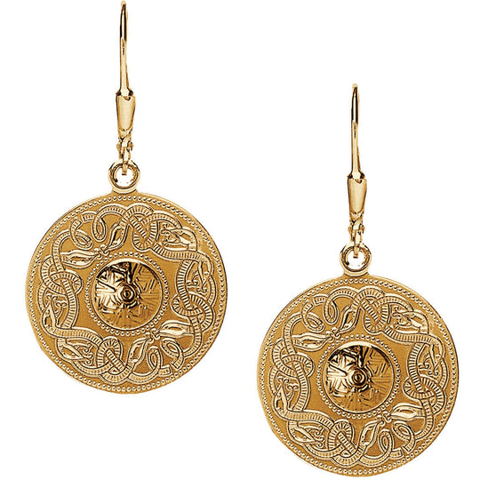 Gold Celtic warrior earrings with intricate designs on a white background