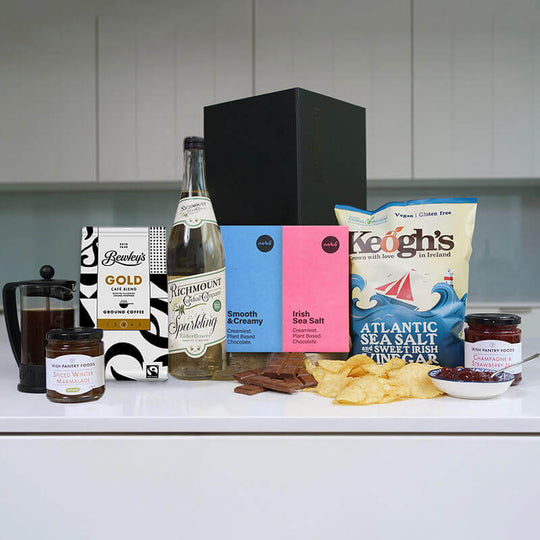 Vegan Irish gourmet gift box with dairy free chocolate, crisps, sparkling drink and plant based treats