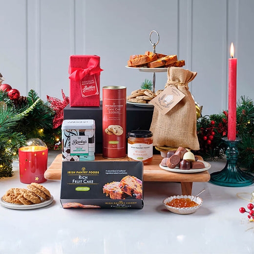 Flavours of Ireland Hamper with Irish fruit cake, Bewley's tea, Butlers chocolates, handmade biscuits and gourmet Irish trea