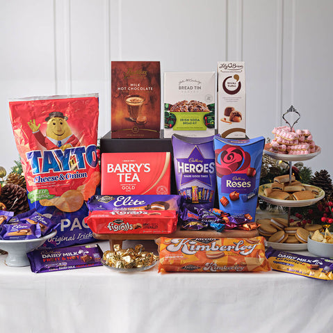 Ireland's Traditional Treat Box with Tayto crisps, Barry's Tea, Cadbury Roses, Kimberley biscuits and classic Irish treats