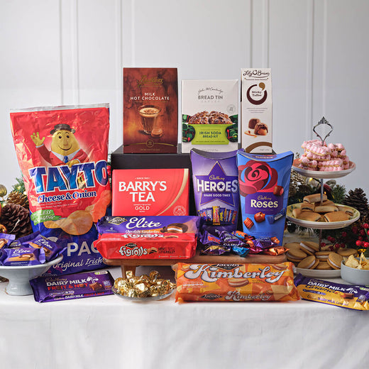 Ireland's Traditional Treat Box with Tayto crisps, Barry's Tea, Cadbury Roses, Kimberley biscuits and classic Irish treats