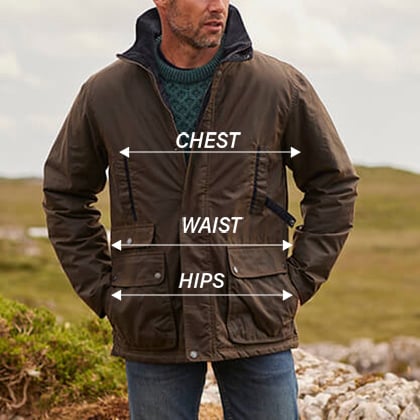 A man stands outdoors wearing a brown jacket over a green sweater. Text annotations indicate measurements for