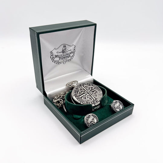 Mullingar Pewter Trinity Knot Pocket Watch & Cufflinks Set