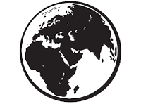 Black and white globe icon depicting continents with a simple design. The image features a circular shape outlined in light color, emphasizing the landmasses.
