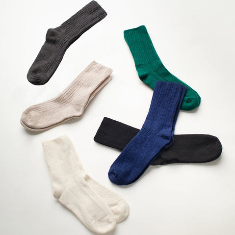 Set of six pairs of socks in various colors on a white background