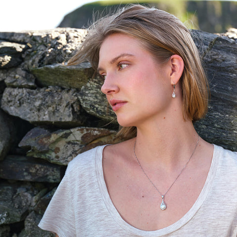 Image featuring the Trinity Knot Classic Pearl Jewelry Set, crafted with elegant Trinity knot detailing and lustrous pearl accents, including a matching pendant necklace and drop earrings inspired by Ireland's rich Celtic heritage.