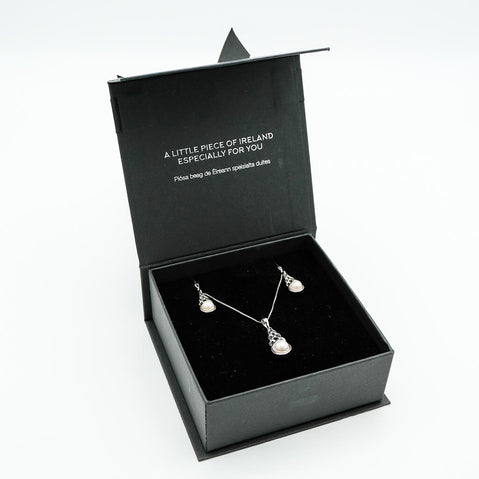 Pair of earrings in a black jewelry box with text on a white background