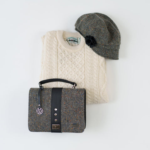 Womens Fisherman Lightweight Crew Neck Heritage Sweater styled with Women's Classic Irish Wool Newsboy Cap and Fiona Tweed Bag