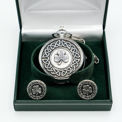 Image featuring the Personalised Mullingar Pewter Shamrock Pocket Watch & Cufflinks Set, crafted from fine pewter with intricate Celtic knotwork and Irish shamrock motifs, including a matching pocket watch and cufflinks presented in an elegant gift box inspired by Irish heritage.