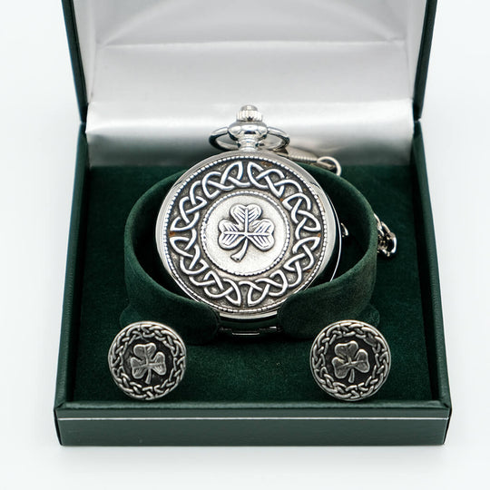 Image featuring the Personalised Mullingar Pewter Shamrock Pocket Watch & Cufflinks Set, crafted from fine pewter with intricate Celtic knotwork and Irish shamrock motifs, including a matching pocket watch and cufflinks presented in an elegant gift box inspired by Irish heritage.