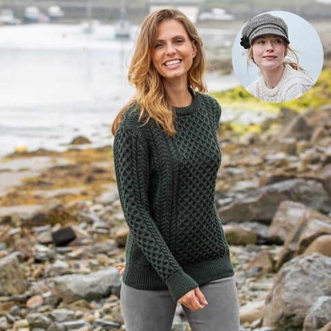 The Timeless Irish Style Bundle for Her: Aran Sweater & Newsboy Cap