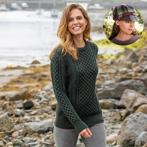 The Timeless Irish Style Bundle for Her: Aran Sweater & Newsboy Cap