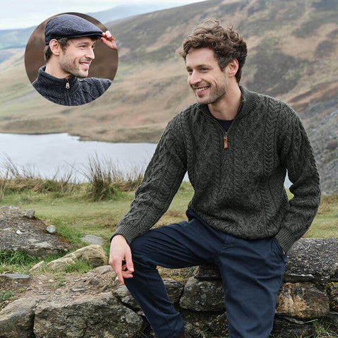 Men's Irish Heritage Set: Signature Half Zip Wool Sweater & Plaid Flat Cap