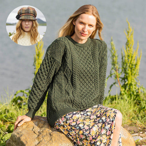 Women's Irish Heritage Set: Fisherman Sweater & Wool Newsboy Cap