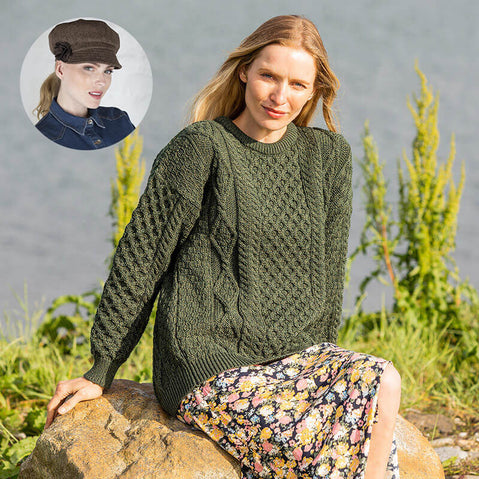 Women's Irish Heritage Set: Fisherman Sweater & Wool Newsboy Cap