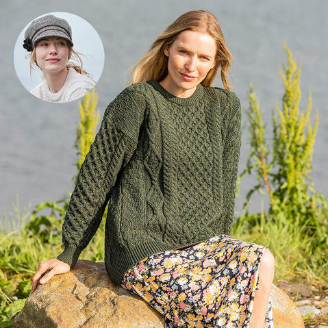 Women's Irish Heritage Set: Fisherman Sweater & Wool Newsboy Cap