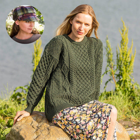 Women's Irish Heritage Set: Fisherman Sweater & Wool Newsboy Cap