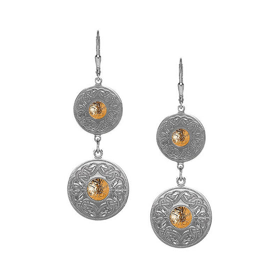 A pair of silver earrings with 18k gold accents, featuring a double shield design with intricate filigree work.