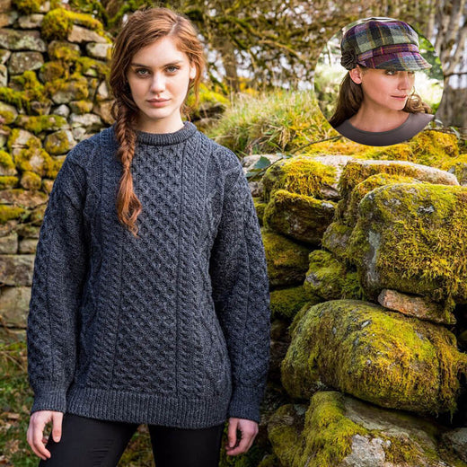Irisches Damen-Kulturerbe-Set: Fischerpullover & Woll-Newsboy-Mütze