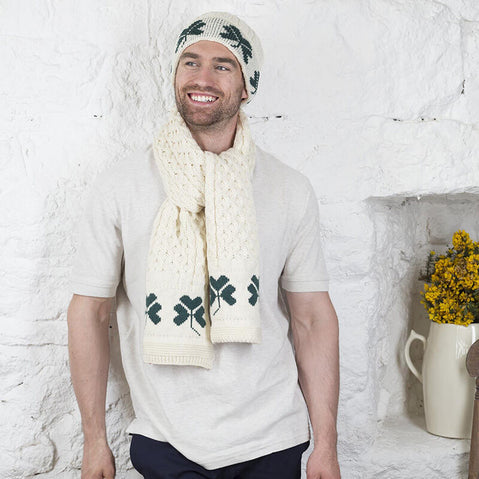 Cream Hat & Scarf with Shamrocks
