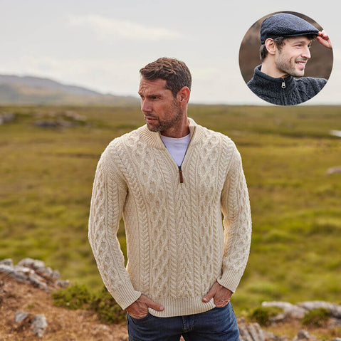 Men's Irish Heritage Set: Signature Half Zip Wool Sweater & Plaid Flat Cap