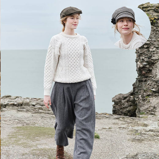 Women's Irish Heritage Set: Fisherman Sweater & Wool Newsboy Cap