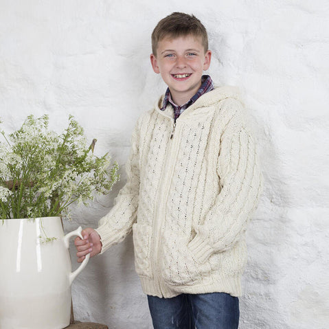 Kids Merino Hooded Aran Zip Cardigan