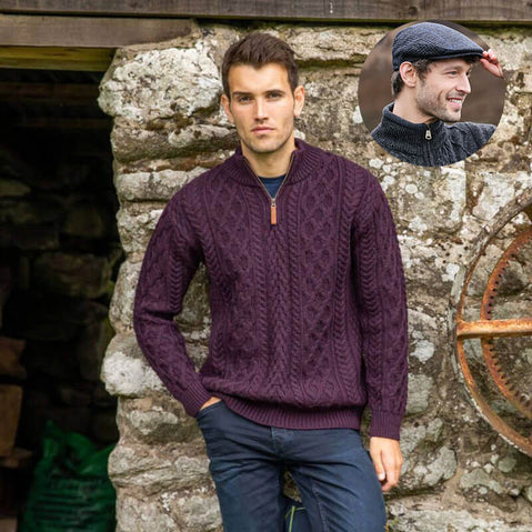 Men's Irish Heritage Set: Signature Half Zip Wool Sweater & Plaid Flat Cap