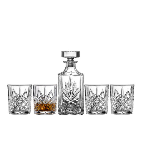 Galway Crystal Inisheer whiskey decanter and tumbler set showcasing intricate honeycomb pattern and premium Irish craftsmanship