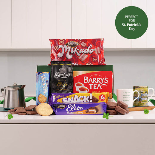 Irish tea time gift box with Barry’s tea, biscuits, Mikado treats and chocolate snacks