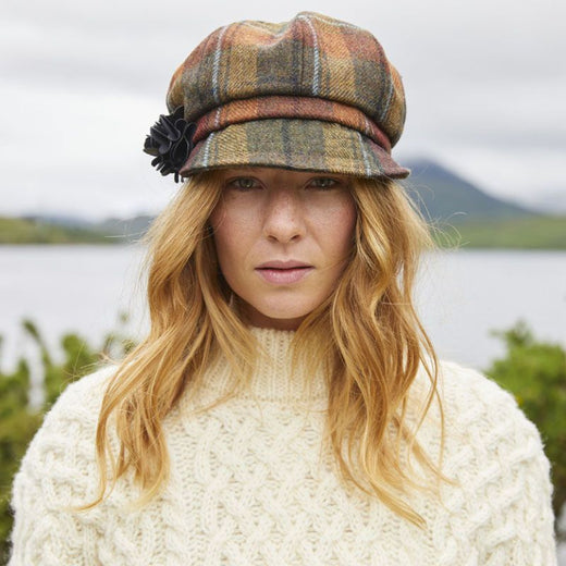 Women's Classic Irish Wool Newsboy Cap in Brown check - Timeless & Elegant Headwear