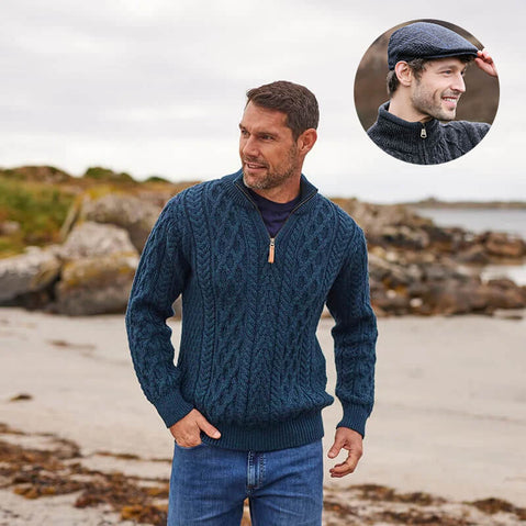 Men's Irish Heritage Set: Signature Half Zip Wool Sweater & Plaid Flat Cap