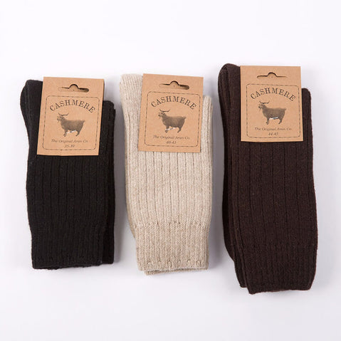 A set of men's cashmere blend socks in beige, brown, and black colors, displayed with a 'Cashmere' brand tag.