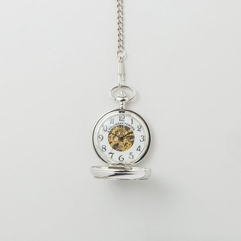 Personalized Mullingar pewter mechanical pocket watch with an open cover, showing the silver case, visible gold‑tone movement, and classic numbered dial hanging from a matching chain.