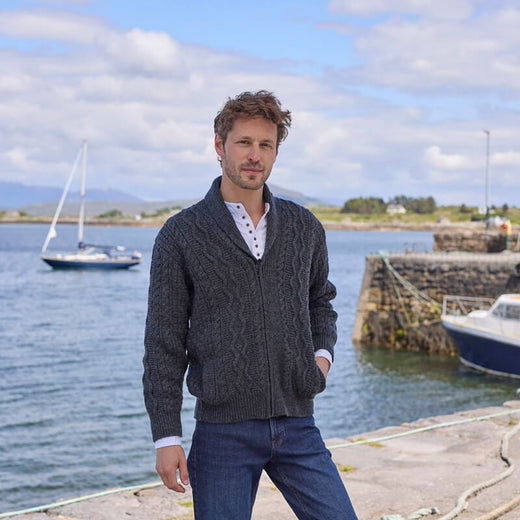 Men's Aran Shawl Collar Zip Cardigan