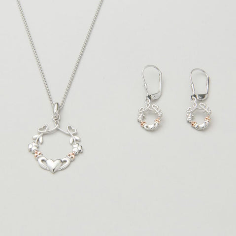 Silver Heart Shamrock & Claddagh Pendant