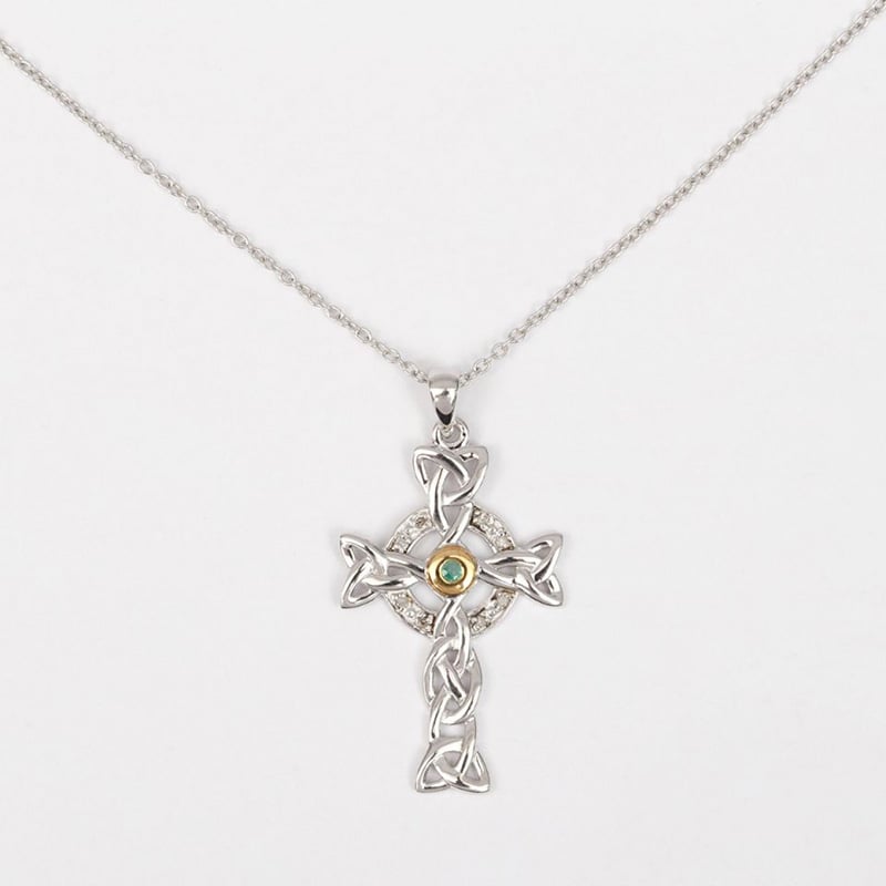 Diamond & Emerald Celtic Cross Pendant - The Irish Store