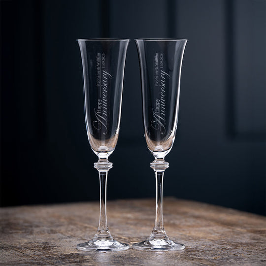 Personalized Galway Crystal Liberty flute pair with Happy Anniversary engraving and custom names