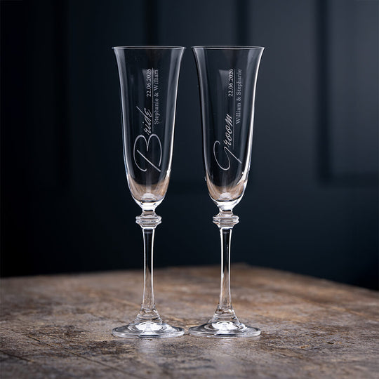 Personalized Galway Crystal Liberty flute pair engraved Bride and Groom with names and date
