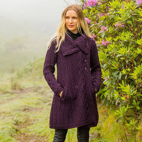 Ladies Aran Wide Collared Button Coat - Damson