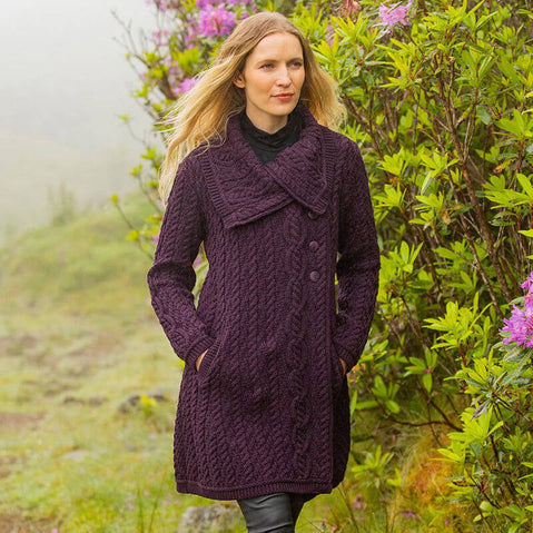 Ladies Aran Wide Collared Button Coat - Damson