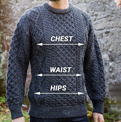A person wearing a dark knitted aran sweater stands outdoors in front of a textured stone background. Annotations labeled