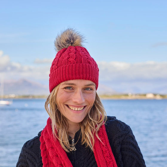 Red Aran Cable Knit Hat