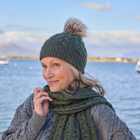 Green Aran Cable Knit Hat