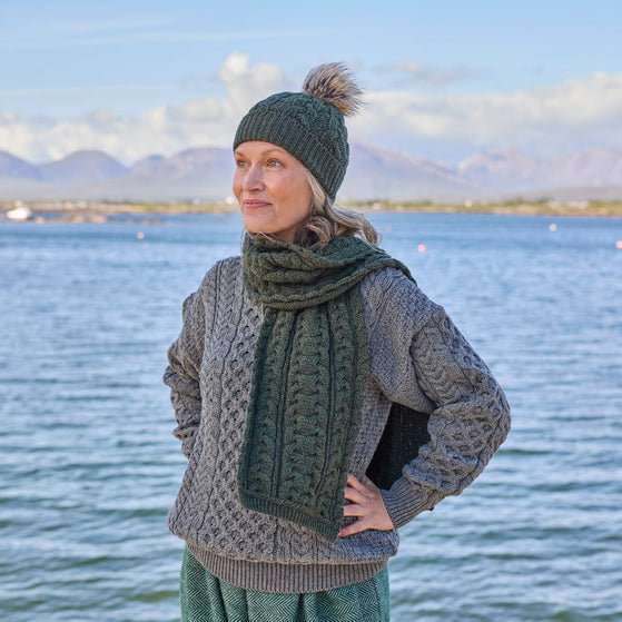 Green Aran Cable Knit Hat & Scarf Set
