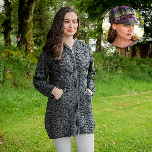 Manteau Aran classique pour femme et casquette gavroche