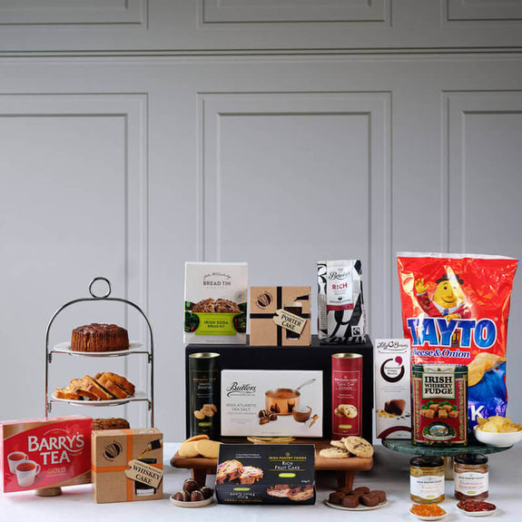 Irish food gift basket including Barry's Tea and Tayto crisps. 